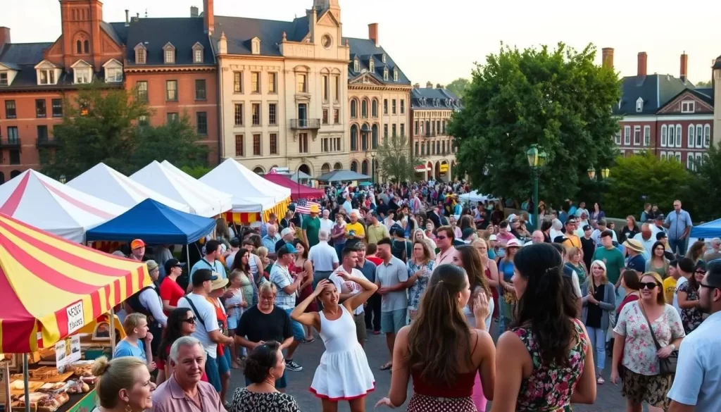 A vibrant celebration of Maryland's rich cultural heritage, with crowds gathered in a picturesque town square. In the foreground, colorful tents and vendors offer an array of local crafts, food, and music. In the middle ground, a lively dance performance captivates onlookers, their joyful expressions reflecting the contagious energy of the festival. The background features historic architecture, complemented by a warm, golden-hour lighting that bathes the scene in a soft, inviting glow. The overall atmosphere evokes a sense of community, tradition, and the unique charm of Maryland's festival culture.