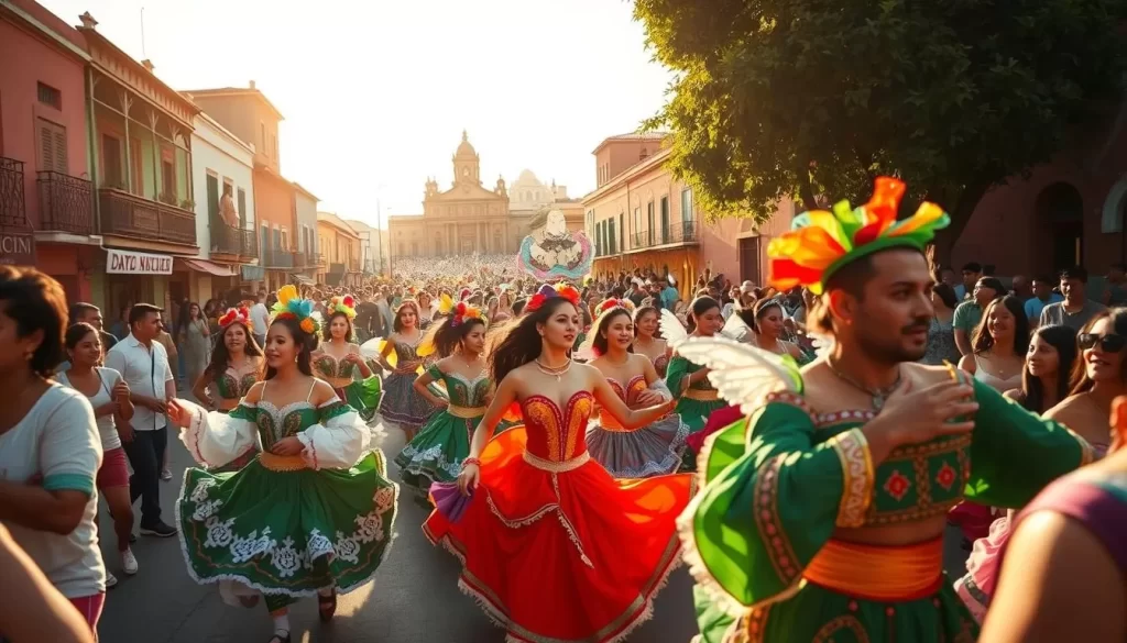 A vibrant celebration of Mexico's rich cultural heritage, an image showcasing the diverse festivals that captivate the country throughout the year. In the foreground, a lively parade of colorfully costumed dancers, their movements graceful and energetic. In the middle ground, a bustling crowd of locals and tourists, their faces alight with joy and anticipation. In the background, a backdrop of iconic Mexican architecture, vibrant hues and intricate details creating a sense of place. Warm, golden sunlight filters through, casting a festive glow and highlighting the festive atmosphere. The scene is a perfect representation of the joy, energy, and cultural richness that defines Mexico's annual celebrations.