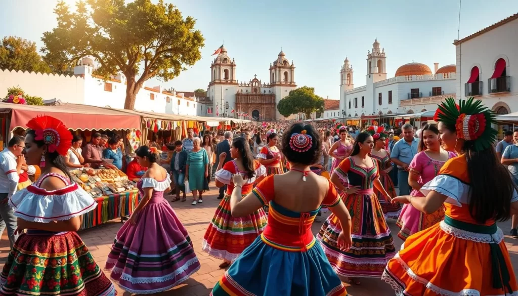 A vibrant celebration of Mexico's rich cultural heritage unfolds in a lively festival scene. In the foreground, colorfully dressed dancers sway to the rhythmic beats of traditional music, their elaborate costumes and headdresses shimmering in the warm, golden sunlight. In the middle ground, vendors offer an array of local crafts, from intricately woven textiles to intricate wood carvings, against a backdrop of festive decorations and lively crowds. The background reveals a picturesque town square, with whitewashed buildings and towering churches framing the joyous gathering, creating an atmosphere of community and cultural pride.