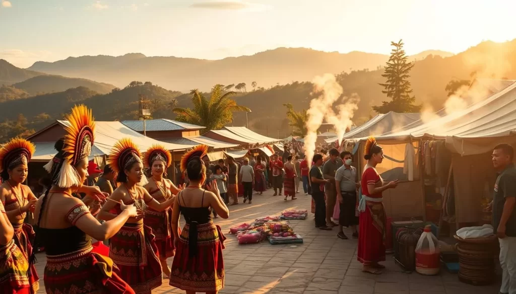 A vibrant celebration of Nagaland's cultural heritage unfolds before you. In the foreground, a lively dance troupe performs traditional steps, their ornate costumes and headdresses shimmering in the warm, golden sunlight. In the middle ground, a bustling marketplace teems with vendors selling colorful handcrafted wares, the air filled with the aroma of spices and incense. In the background, majestic hills and lush forests provide a stunning natural backdrop, hinting at the diverse landscapes of this captivating region. The atmosphere is one of joy, excitement, and a deep reverence for the rich cultural tapestry that defines Nagaland's vibrant festivals.