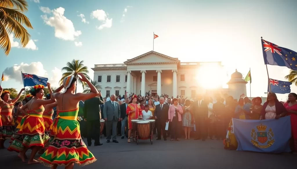 A vibrant celebration of Nauru's Constitution Day unfolds on a sun-drenched day. In the foreground, colorfully dressed dancers gracefully perform traditional island dances, their movements flowing to the rhythmic beat of drums. The middle ground showcases a parade of local dignitaries and community members, waving flags and banners emblazoned with the Nauruan coat of arms. In the background, the historic Parliament House stands proud, its white neoclassical architecture bathed in warm, golden light. The atmosphere is one of joyous pride and reverence, as the people of Nauru come together to honor the document that has shaped their nation's sovereignty and identity.