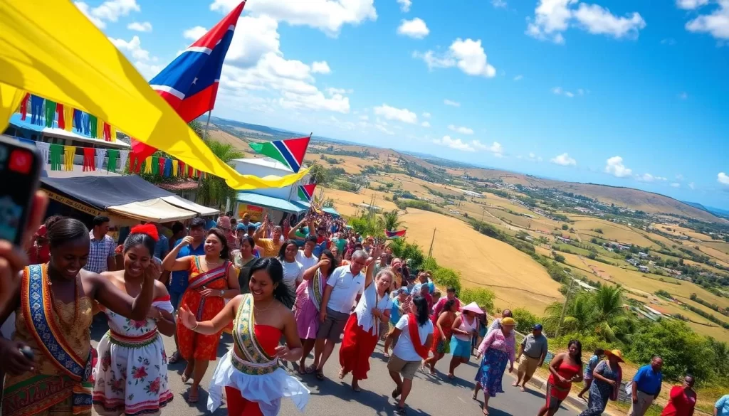 A vibrant celebration of Nauru's independence fills the air. In the foreground, a lively parade winds through the streets, adorned with colorful banners and flags. Locals in traditional dress dance and cheer, their joyful expressions captured in crisp detail. The middle ground showcases festive stalls offering local cuisine and handicrafts, inviting onlookers to immerse themselves in the cultural festivities. The background features a picturesque landscape, with rolling hills and a clear blue sky overhead, bathed in the warm glow of the midday sun. The overall atmosphere exudes a sense of national pride, community, and the hard-won freedom celebrated on this special day.