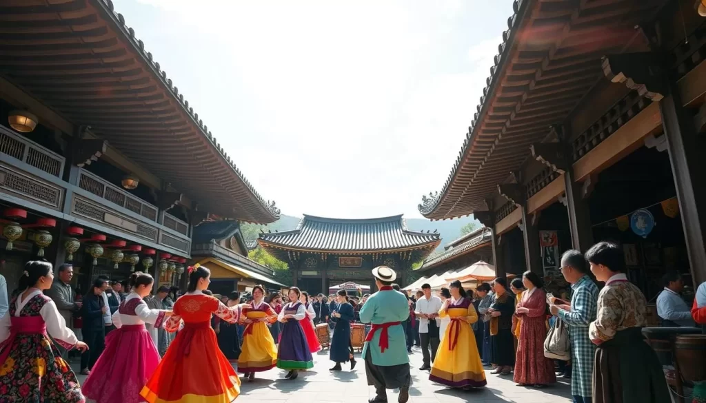 A vibrant celebration of North Jeolla Province's cultural heritage unfolds beneath a bright, sun-dappled sky. In the foreground, traditional Korean dancers in vibrant hanbok costumes gracefully move to the rhythmic beats of drums and wind instruments. In the middle ground, artisans showcase their intricate handcrafted wares, from delicate porcelain to intricately woven textiles. The background is filled with ornate traditional architecture, its eaves and columns adorned with intricate carvings and vibrant colors. An atmosphere of joy, reverence, and community pervades the scene, inviting the viewer to immerse themselves in the rich tapestry of Korean cultural traditions.