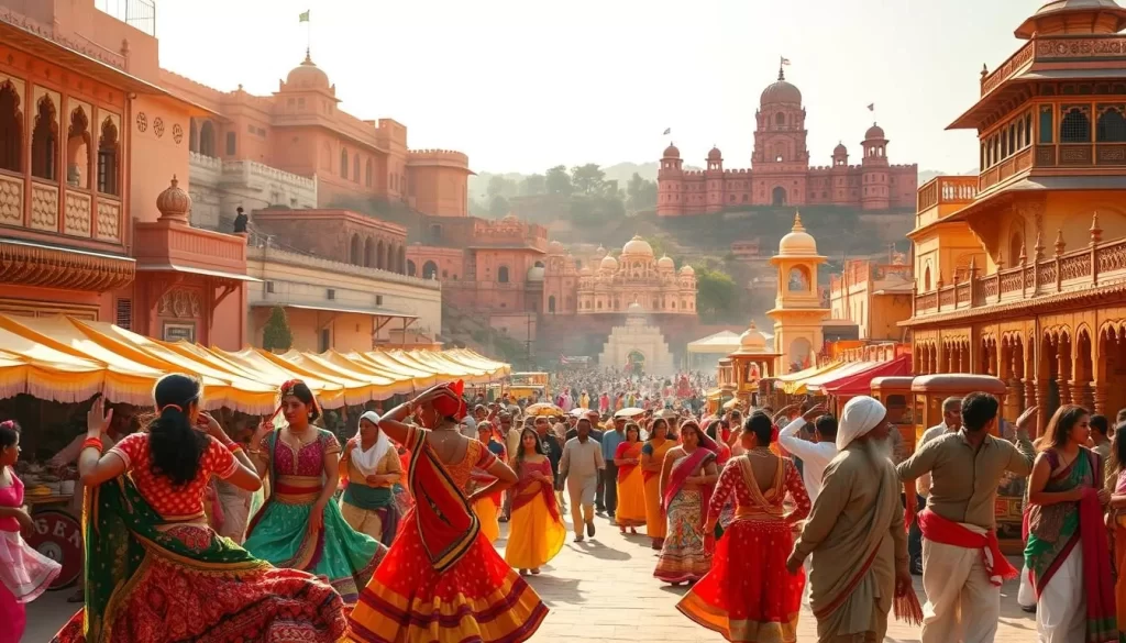 A vibrant celebration of Rajasthan's rich cultural heritage unfolds before you. In the foreground, graceful dancers in colorful costumes sway to the rhythmic beats of traditional music, their movements mirroring the energy of the festival. The middle ground reveals a bustling marketplace, where artisans showcase their intricate handicrafts and local delicacies tempt passersby. In the background, majestic forts and ornate palaces stand as timeless witnesses to the grandeur of Rajasthan's storied past. Warm, golden sunlight filters through the scene, lending a sense of timeless wonder to the vibrant festivities. Capture the essence of Rajasthan's cultural tapestry through this captivating image of its vibrant festivals.