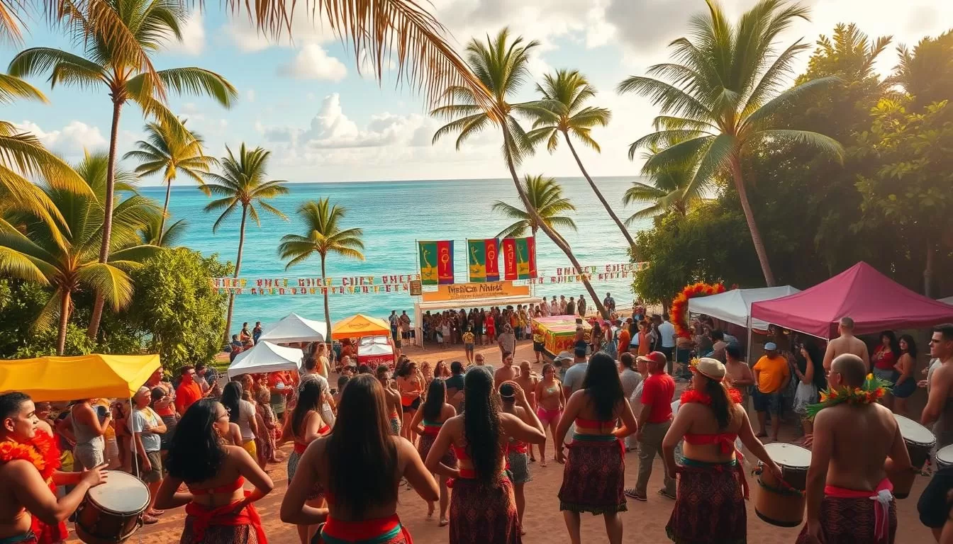 A vibrant celebration of Samoan culture unfolds in a picturesque seaside setting. In the foreground, dancers in traditional costumes sway rhythmically to the beat of pulsing drums. The middle ground showcases colorful banners, tents, and food stalls, bustling with lively festival-goers. In the background, lush tropical foliage frames a serene azure ocean, bathed in warm, golden light. The scene exudes a joyous, festive atmosphere, capturing the essence of American Samoa's rich cultural heritage and the joy of its lively festivals.