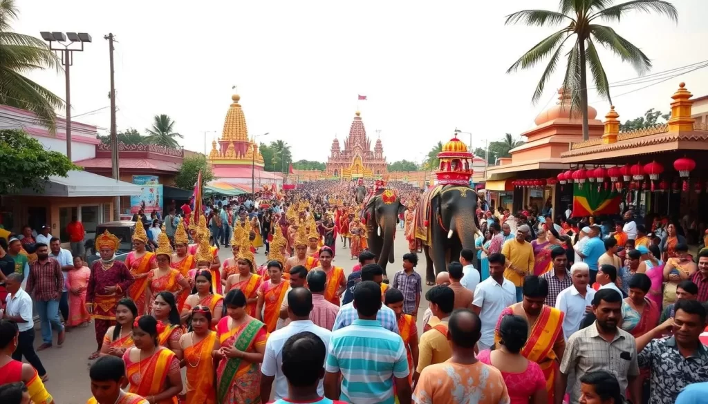A vibrant celebration of Sri Lanka's rich cultural heritage, showcasing an array of traditional festivals throughout the year. In the foreground, a colorful parade featuring elaborately dressed dancers, musicians playing indigenous instruments, and elegantly decorated elephants. In the middle ground, bustling crowds of locals and tourists alike, immersed in the lively atmosphere. The background reveals vibrant temples, stalls selling traditional crafts and delicacies, and a warm, tropical sky with soft, diffused lighting. Capture the essence of Sri Lanka's cultural diversity, the joy of its festivals, and the unique experiences that await visitors during every season.