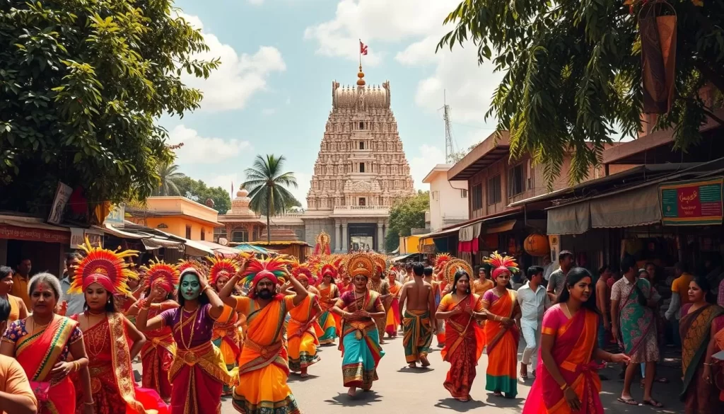 A vibrant celebration of Tamil Nadu's cultural heritage unfolds in a lush, sun-dappled setting. In the foreground, a colorful procession of elaborately adorned dancers and musicians weaves through the streets, their intricate costumes and captivating movements radiating energy and joy. The middle ground features a magnificent temple, its towering spires and ornate architecture reflecting the rich architectural traditions of the region. In the background, a bustling marketplace teems with vendors selling vibrant textiles, fragrant spices, and traditional handicrafts, creating a tapestry of sights, sounds, and aromas that embody the essence of Tamil Nadu's vibrant festival culture. The warm, golden lighting and the sense of movement and celebration evoke a mood of cultural richness and heritage.