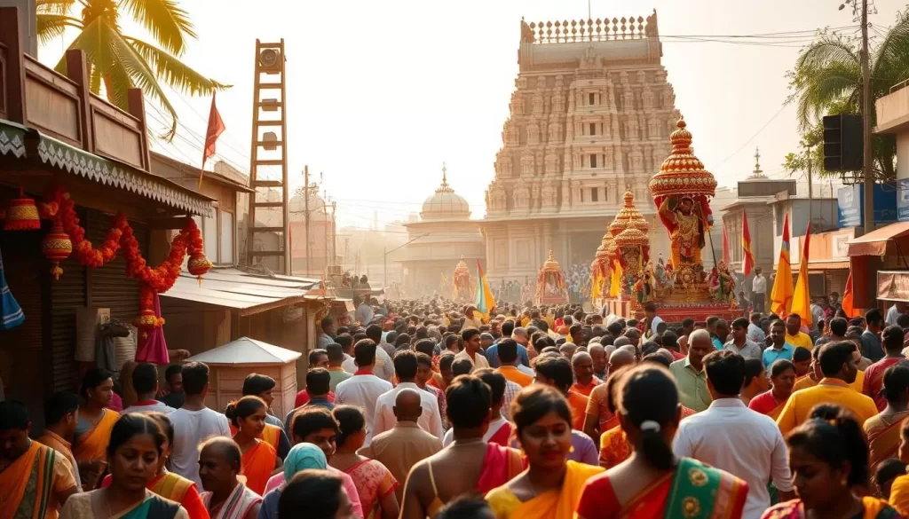 A vibrant celebration of Tamil Nadu's rich cultural heritage. In the foreground, a lively crowd adorned in colorful traditional attire gathers around a grand temple, its intricate architecture bathed in warm, golden sunlight. In the middle ground, vendors offer an array of delectable local delicacies and artisanal crafts, while in the background, a parade of elaborately decorated floats and performers captivate onlookers. The scene conveys a sense of joyous revelry, with a soft, dreamlike quality to the lighting and a touch of cinematic flair. Capture the essence of Tamil Nadu's vibrant festivals, where ancient traditions and modern celebrations seamlessly intertwine.