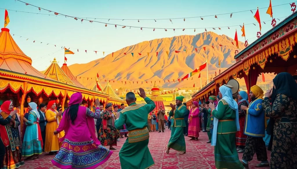 A vibrant celebration of Turkmen culture in an ornate outdoor setting. In the foreground, colorfully dressed performers dance to the rhythmic beats of traditional instruments. The middle ground features intricately decorated tents, flags, and lanterns, creating a lively festival atmosphere. In the background, a majestic mountain range rises, bathed in warm, golden light. The scene evokes a sense of joy, community, and the rich heritage of Turkmenistan's religious and cultural traditions. Capture this festive moment with a wide, cinematic lens that immerses the viewer in the energy of the occasion.