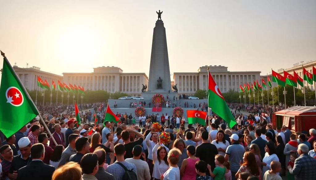 A vibrant celebration of Turkmenistan's patriotic spirit on Memorial Day. In the bustling city square, a crowd gathers around the grand monument, adorned with colorful floral wreaths. The sun casts a warm glow, illuminating the faces of the people as they wave their nation's flag with pride. In the background, traditional music and the rhythmic chanting of celebrants create an atmosphere of national unity. Vendors sell handcrafted souvenirs and local delicacies, while children play joyfully in the lively festivities. The scene captures the essence of Turkmenistan's rich cultural heritage and the unwavering spirit of its people on this significant patriotic holiday.