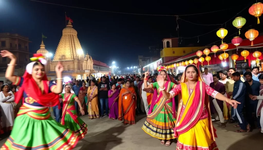 A vibrant celebration of Uttar Pradesh's diverse cultural heritage throughout the year. In the foreground, colorfully dressed dancers perform traditional folk dances against a backdrop of ornate temples and historic monuments. The middle ground features stalls selling handcrafted goods, fragrant spices, and delectable local delicacies. In the background, a crowd gathers to witness the festivities, their faces lit by the warm glow of lanterns and strings of lights. The scene is filled with a sense of joy, community, and a deep appreciation for the rich tapestry of Uttar Pradesh's festivals.