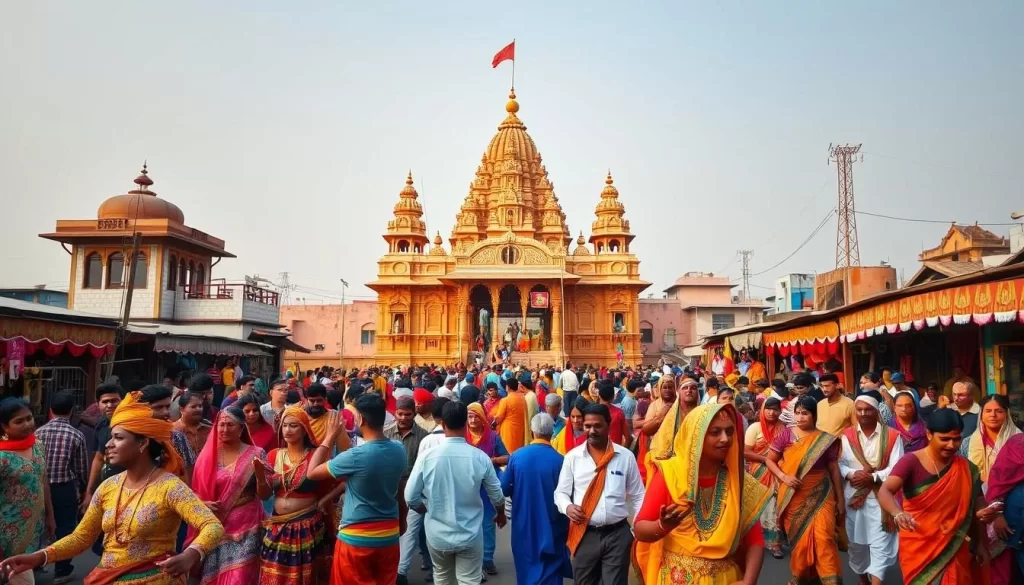 A vibrant celebration of Uttar Pradesh's rich cultural heritage unfolds before the viewer. In the foreground, a lively parade of colorfully costumed performers dances to the rhythmic beats of traditional instruments. The middle ground showcases an ornate temple, its intricate architecture bathed in warm, golden light, reflecting the spiritual essence of the region. In the background, a bustling marketplace teems with vendors offering an array of local crafts, textiles, and delectable cuisines, creating a sense of immersive engagement with the pulsating energy of Uttar Pradesh's festivals.