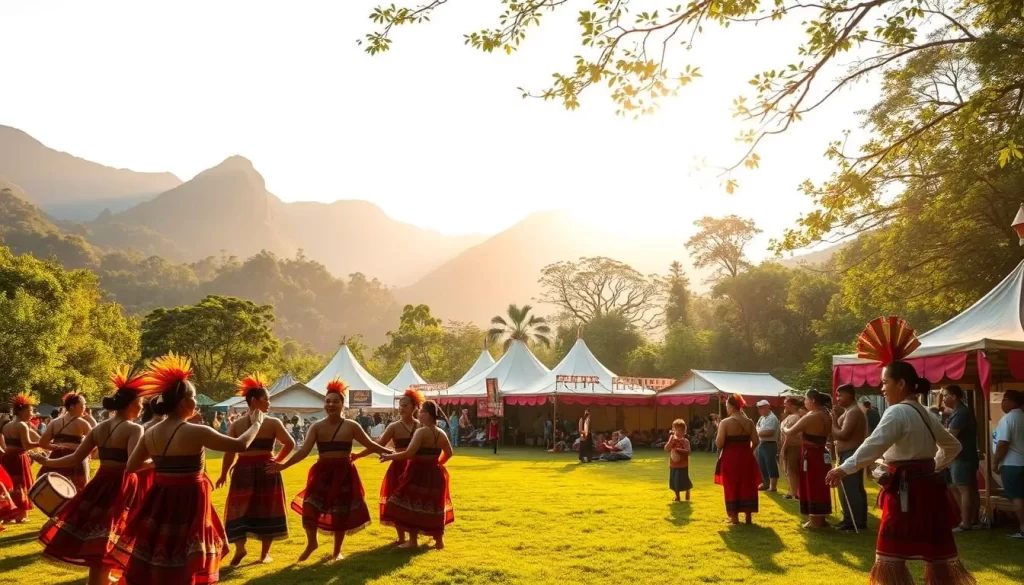 A vibrant celebration of indigenous culture in the lush, verdant landscapes of Hsinchu County, Taiwan. In the foreground, a group of indigenous dancers adorned in traditional costumes sway gracefully to the rhythmic beats of drums and bamboo instruments. The middle ground showcases elaborately decorated tents and stalls, offering a rich tapestry of handcrafted wares, indigenous delicacies, and cultural exhibits. In the background, towering mountains and verdant foliage create a stunning natural backdrop, bathed in warm, golden sunlight filtering through the trees. The atmosphere is one of joyous celebration, showcasing the vibrant and dynamic indigenous heritage of the region.