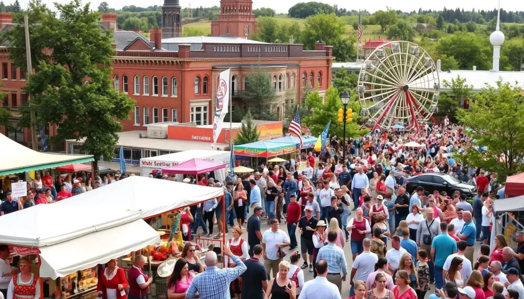 A vibrant celebration unfolds in the heart of Nebraska, as locals and visitors alike gather to immerse themselves in the state's rich cultural heritage. In the foreground, a lively parade showcases traditional costumes, colorful banners, and the rhythmic beats of marching bands. Clusters of people line the streets, cheering and clapping to the festive music. In the middle ground, food stalls offer an array of mouthwatering local delicacies, with the aroma of sizzling meats and freshly baked goods filling the air. A Ferris wheel and other carnival rides dot the landscape, adding to the sense of joy and excitement. In the background, historic buildings and verdant trees frame the scene, creating a picturesque setting for this vibrant Nebraska festival celebration.
