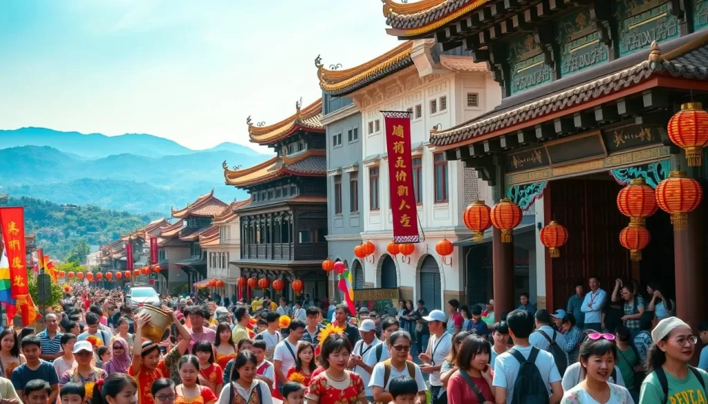 A vibrant celebration unfolds in the heart of Yilan County, Taiwan. In the foreground, a lively parade winds through the streets, adorned with colorful banners, traditional costumes, and the rhythmic beats of drums and gongs. Surrounding the parade, locals and visitors alike gather, their faces alight with joy and wonder. In the middle ground, ornate temple facades and historic buildings provide a stunning backdrop, their intricate architectural details catching the warm glow of the sun. In the distance, verdant hills and a hazy blue sky frame the scene, creating a serene and picturesque atmosphere. The overall mood is one of cultural richness, community celebration, and the vibrant tapestry that defines the essence of Yilan County's festivals.