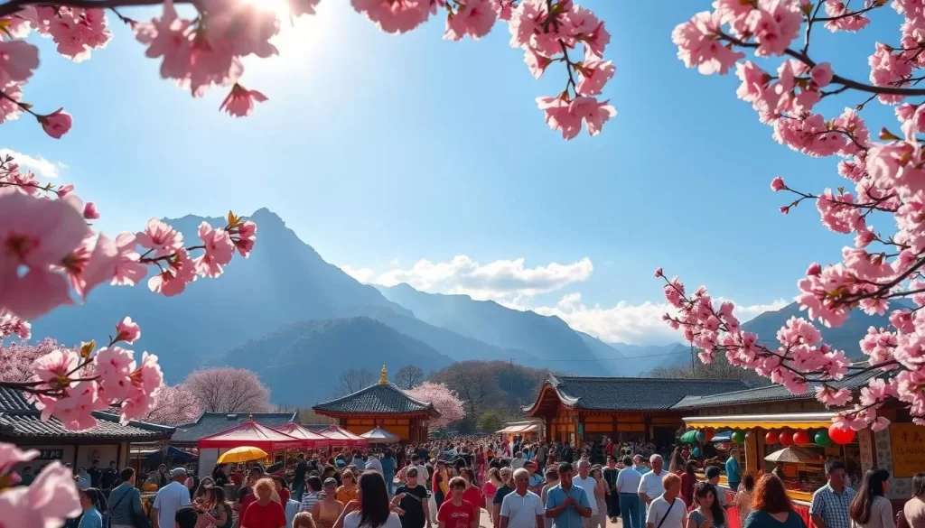 A vibrant cherry blossom viewing event in Taitung County, Taiwan. The foreground features a lively crowd strolling amongst the delicate pink petals that gracefully flutter in the gentle breeze. The middle ground showcases traditional Taiwanese food stalls and lively musical performances, creating a festive atmosphere. In the background, tall mountains rise up, their peaks capped with wispy clouds, providing a serene backdrop to the celebration. Warm, golden sunlight filters through the blossoms, casting a soft, romantic glow over the entire scene. The overall mood is one of joyous celebration, as the community gathers to welcome the arrival of spring.