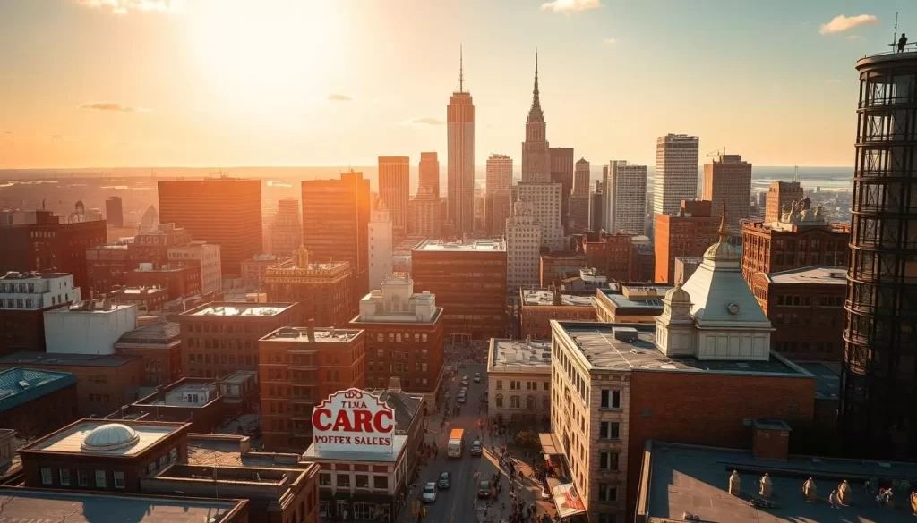 A vibrant city skyline, bustling with diverse cultures and languages, reflecting Connecticut's rich immigration history. A mosaic of architectural styles and people of various backgrounds converse in a symphony of tongues, the city's energy palpable. Warm sunlight filters through the scene, casting a golden glow over the streets below. Intricate details and textures bring the image to life, capturing the essence of Connecticut's evolving linguistic landscape.