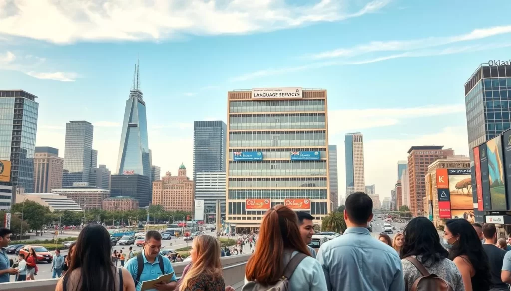 A vibrant city skyline with towering skyscrapers, bustling streets, and people from diverse linguistic backgrounds. In the foreground, a group of individuals engaged in lively conversation, representing the diverse language services available. The middle ground features a large, modern building with signage indicating language learning and translation services. The background showcases a clear, blue sky with soft, diffused lighting, creating a sense of openness and accessibility. The overall scene conveys the dynamic, multilingual nature of Oklahoma's urban landscape, where language services play a crucial role in connecting people and fostering communication. A vibrant city skyline with towering skyscrapers, bustling streets, and people from diverse linguistic backgrounds. In the foreground, a group of individuals engaged in lively conversation, representing the diverse language services available. The middle ground features a large, modern building with signage indicating language learning and translation services. The background showcases a clear, blue sky with soft, diffused lighting, creating a sense of openness and accessibility. The overall scene conveys the dynamic, multilingual nature of Oklahoma's urban landscape, where language services play a crucial role in connecting people and fostering communication.