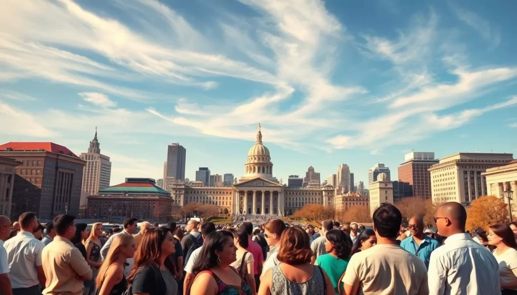 A vibrant cityscape depicting the official language status in Illinois, USA. In the foreground, a diverse group of people engaged in lively conversations, representing the multilingual nature of the state. In the middle ground, prominent government buildings and landmarks, symbolizing the institutional recognition of languages. In the background, a clear blue sky with wispy clouds, conveying a sense of openness and progress. The scene is illuminated by warm, natural lighting, creating a welcoming and inclusive atmosphere. Capture this dynamic tableau with a wide-angle lens to showcase the breadth and depth of Illinois' linguistic landscape.