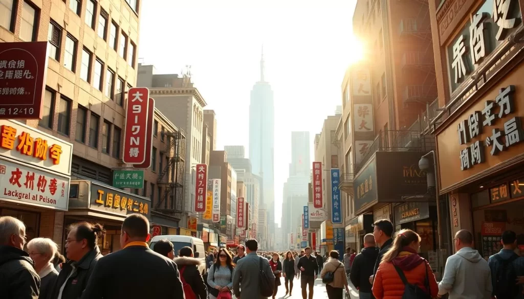 A vibrant cityscape in New York, capturing the diverse linguistic tapestry of its Chinese communities. In the foreground, pedestrians converse in Cantonese, Mandarin, and other dialects, their gestures and expressions conveying the richness of their cultural heritage. The middle ground features bustling storefronts with bilingual signage, reflecting the integration of Chinese and American influences. In the background, the iconic skyline of Manhattan rises, a testament to the city's global character. Warm sunlight filters through, illuminating the scene with a sense of energy and optimism. This image aims to showcase the linguistic diversity that thrives in the heart of New York, a vibrant tapestry of cultures coexisting in harmony.