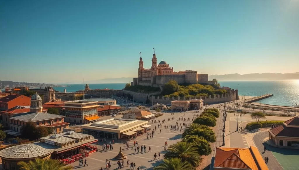 A vibrant cityscape in Samsun, Turkey, showcasing its iconic landmarks and natural beauty. In the foreground, the majestic Samsun Castle with its distinctive towers and walls, standing tall against a clear, azure sky. In the middle ground, the bustling Cumhuriyet Square, with its lively markets, cafes, and pedestrians strolling about. In the background, the glistening Black Sea coast, with its sandy beaches and a scenic promenade. Warm, golden sunlight bathes the scene, creating a welcoming and inviting atmosphere. The composition is carefully balanced, with the architectural details and the serene water bodies complementing each other. This image captures the essence of Samsun's vibrant culture and its captivating allure as a top tourist destination in Turkey.