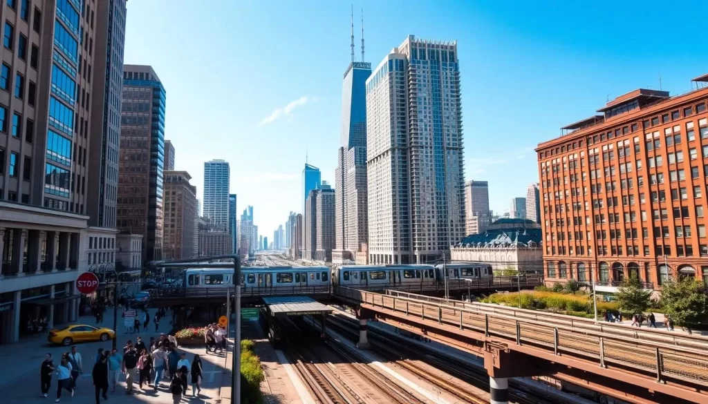 A vibrant cityscape in downtown Chicago on a sunny afternoon. In the foreground, pedestrians stroll along the bustling sidewalks, taking in the architectural grandeur of the towering skyscrapers that reach towards the clear blue sky. The middle ground features the iconic L-train tracks elevated above the streets, with trains smoothly gliding past. In the background, the shimmering waters of Lake Michigan stretch out to the horizon, complemented by the unmistakable silhouette of the Sears Tower piercing the skyline. The scene is bathed in warm, natural lighting that casts long shadows and highlights the dynamic energy of this thriving urban environment.