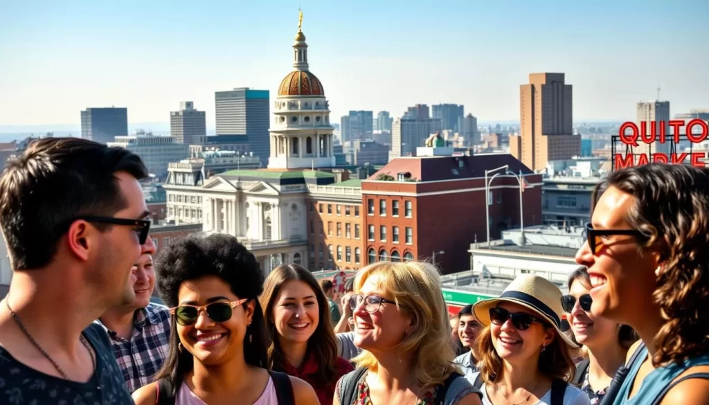 A vibrant cityscape of Boston, Massachusetts on a sunny day, showcasing the diverse languages spoken by its residents. In the foreground, people of various ethnicities converse in different tongues, their expressions animated and engaged. The middle ground features iconic landmarks like the State House and Quincy Market, each reflecting the city's rich cultural heritage. In the background, a hazy skyline frames the scene, hinting at the broader tapestry of linguistic diversity that defines this dynamic, multilingual state. The lighting is natural and warm, capturing the energy and vitality of this thriving metropolitan area.