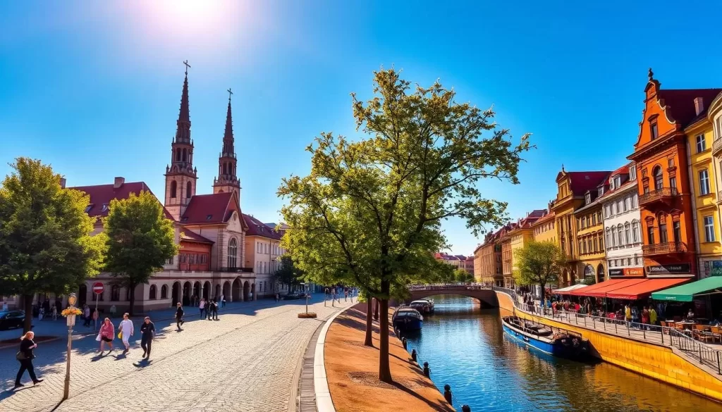 A vibrant cityscape of Bydgoszcz, Poland, unfolds under a warm, golden sun. Captivating historical architecture lines the picturesque streets, with church spires and ornate buildings reaching towards the clear, azure sky. Trees sway gently, casting soft shadows on the cobblestone pathways below. The Brda River winds through the city, its serene waters reflecting the surrounding structures. Pedestrians stroll along the bustling waterfront, taking in the lively atmosphere. Warm, natural lighting illuminates the scene, creating a sense of tranquility and timeless charm. This is a scene that captures the essence of Bydgoszcz – a hidden gem waiting to be discovered.