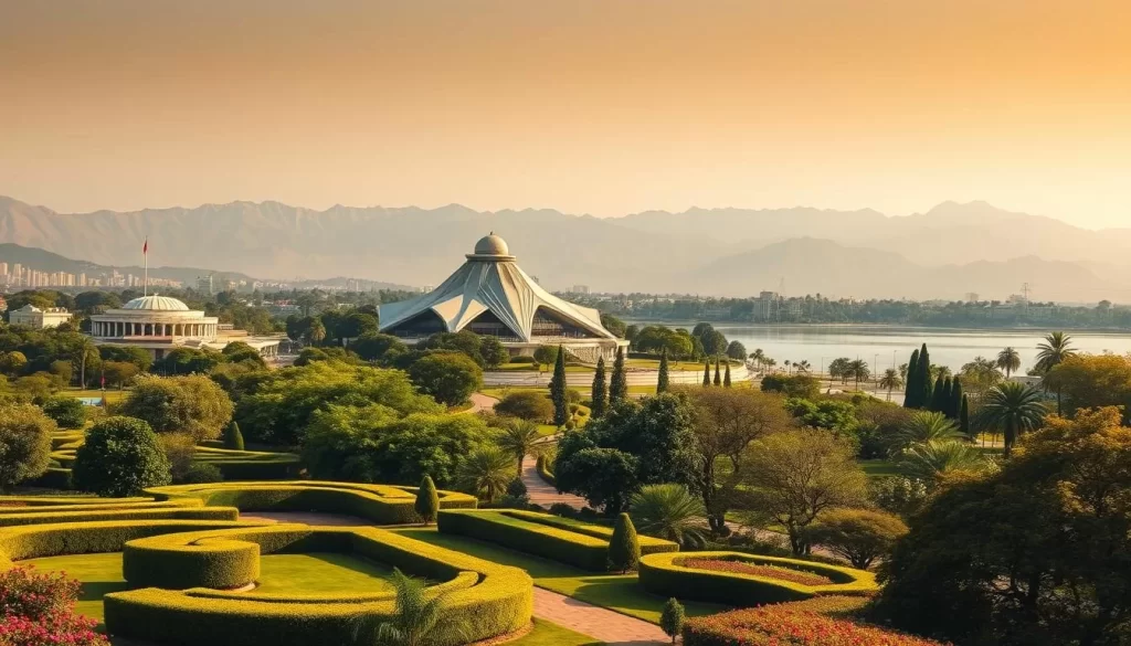 A vibrant cityscape of Chandigarh, India, on a sunny afternoon. In the foreground, lush green parks and gardens with neatly trimmed hedges and blooming flowers. In the middle ground, the iconic modernist architecture of the Capitol Complex, including the sculpted Geometric Hill and serene Sukhna Lake. The background features the snow-capped Himalayan peaks, providing a majestic backdrop. The scene is bathed in warm, golden light, creating a tranquil and inviting atmosphere. The overall impression is one of a well-planned, sophisticated city that seamlessly integrates nature and architecture, making it an ideal destination for a weather-savvy trip.