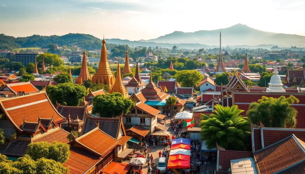 A vibrant cityscape of Chiang Mai, Thailand's enchanting northern gem. Sprawling rooftops and ancient temple spires dot the lush, undulating landscape, bathed in warm, golden sunlight. In the foreground, a bustling street market teems with local vendors, their colorful wares and friendly faces inviting exploration. The middle ground reveals towering, ornate Buddhist temples, their intricate designs a testament to the city's rich cultural heritage. In the distance, the iconic Doi Suthep mountain looms, its forested slopes casting a serene backdrop to the dynamic urban scene. Capture the perfect balance of modernity and tradition, showcasing Chiang Mai's captivating allure as a must-visit destination.