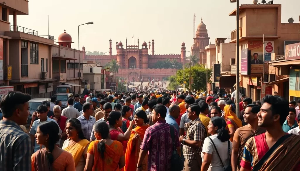 A vibrant cityscape of Delhi, India, showcasing the diversity of Dravidian languages. In the foreground, a bustling street scene with people conversing in various Dravidian tongues, their lively gestures and expressions captured in warm, natural lighting. The middle ground features a mix of modern and traditional architecture, hinting at the coexistence of ancient Dravidian heritage and the contemporary urban landscape. In the background, the iconic landmarks of the city, such as the Red Fort and the Qutub Minar, stand as a testament to the rich cultural tapestry of the region. The overall atmosphere is one of bustling energy, cultural exchange, and a celebration of linguistic diversity.