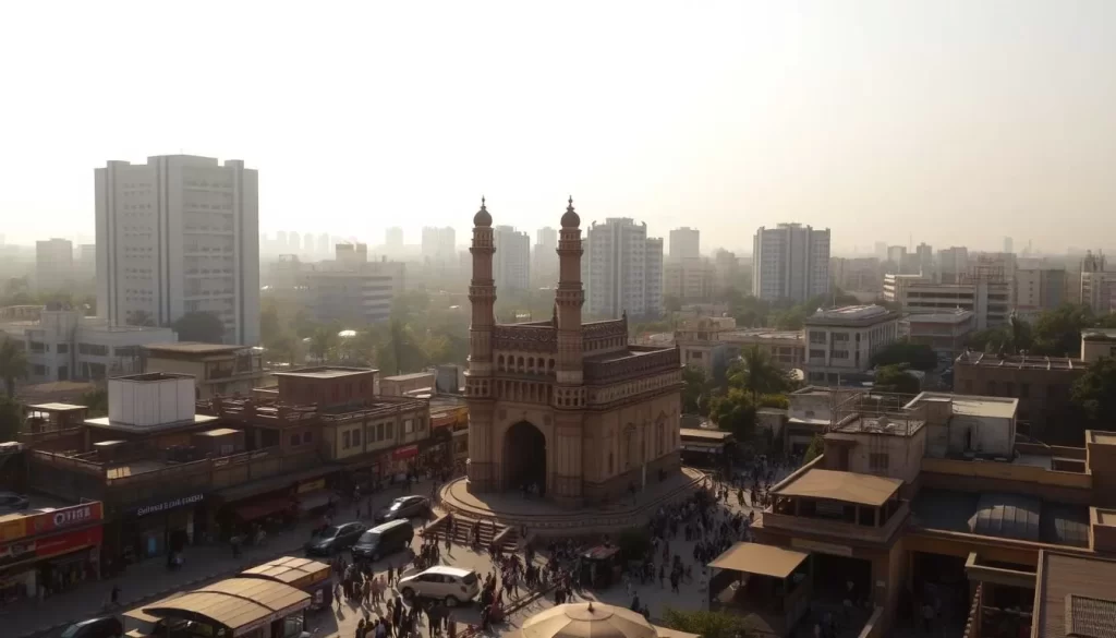 A vibrant cityscape of Hyderabad, the "Pearl City" of India, bathed in warm golden sunlight. In the foreground, the iconic Charminar monument stands tall, its intricate architecture and minarets casting long shadows. In the middle ground, bustling markets and shops line the streets, with locals going about their daily lives. The background is dominated by a skyline of modern high-rises, their glass facades reflecting the brilliant sky. A clear, hazy atmosphere creates a sense of tranquility, with a hint of the city's dynamic energy. Capture the essence of Hyderabad's blend of historic and contemporary features, showcasing its unique character and charm.