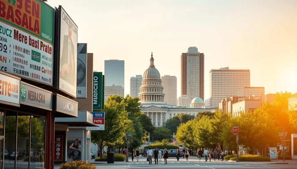 A vibrant cityscape of Lincoln, Nebraska, on a clear summer day. In the foreground, billboards and storefronts display a diverse array of languages, reflecting the multicultural character of the state. The middle ground showcases the iconic State Capitol building, surrounded by lush greenery and pedestrians of various ethnicities. In the background, the skyline is dotted with skyscrapers, their glass facades gleaming in the warm sunlight. The scene is bathed in a soft, golden glow, creating a welcoming and inclusive atmosphere. The composition emphasizes the harmony of different cultures and languages coexisting within the heart of Nebraska.