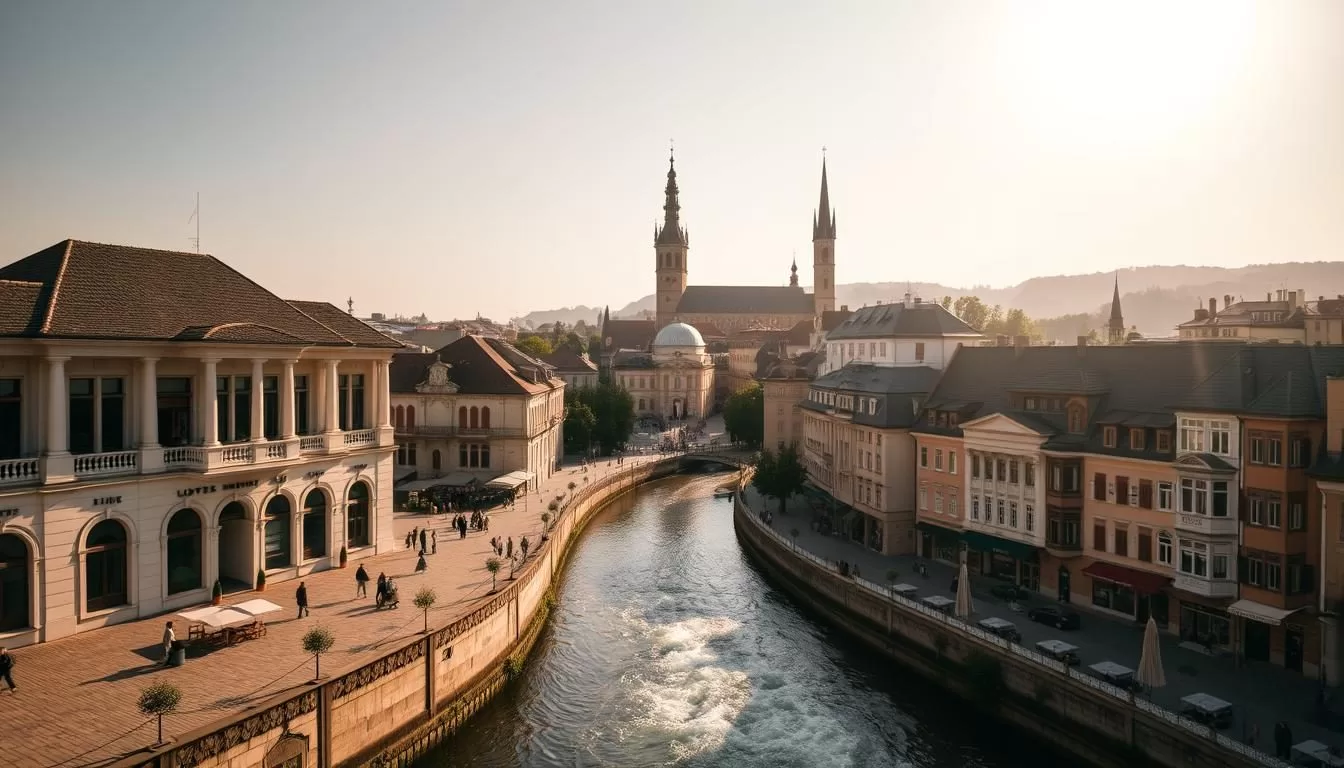 A vibrant cityscape of Linz, Austria, basking in the warm afternoon sunlight. The historic architecture of the city center takes center stage, with the iconic Lentos Art Museum and the Danube River flowing peacefully in the foreground. In the middle ground, quaint cobblestone streets are lined with charming cafes and boutiques, while the towering spires of the Linz Cathedral and the majestic Schloss Linz castle loom in the background, creating a picturesque skyline. The scene is bathed in a soft, golden glow, evoking a sense of tranquility and timelessness. A wide-angle lens captures the expansive cityscape, inviting the viewer to immerse themselves in the charming atmosphere of this vibrant Austrian city.