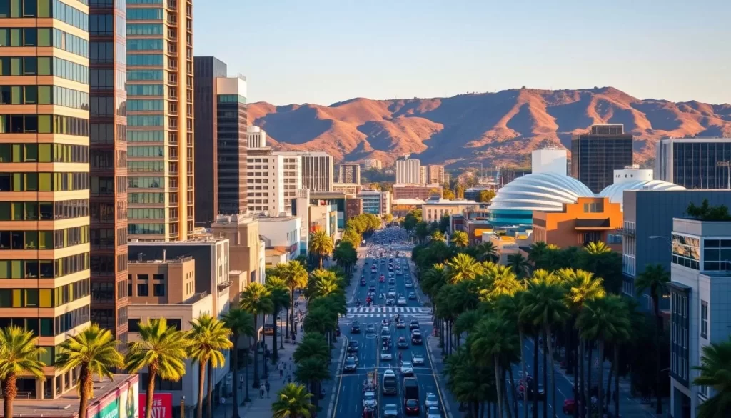 A vibrant cityscape of Los Angeles, showcasing the city's dynamic urban planning. In the foreground, modern high-rise buildings stand tall, their sleek glass facades reflecting the warm sunlight. In the middle ground, bustling streets are lined with palm trees and bustling pedestrians, creating a lively and energetic atmosphere. The background features the iconic Hollywood Hills, their rolling slopes and greenery providing a natural contrast to the urban landscape. The lighting is soft and diffused, creating a pleasant and inviting ambiance. The camera angle is slightly elevated, allowing for a comprehensive view of the city's carefully orchestrated layout and infrastructure.