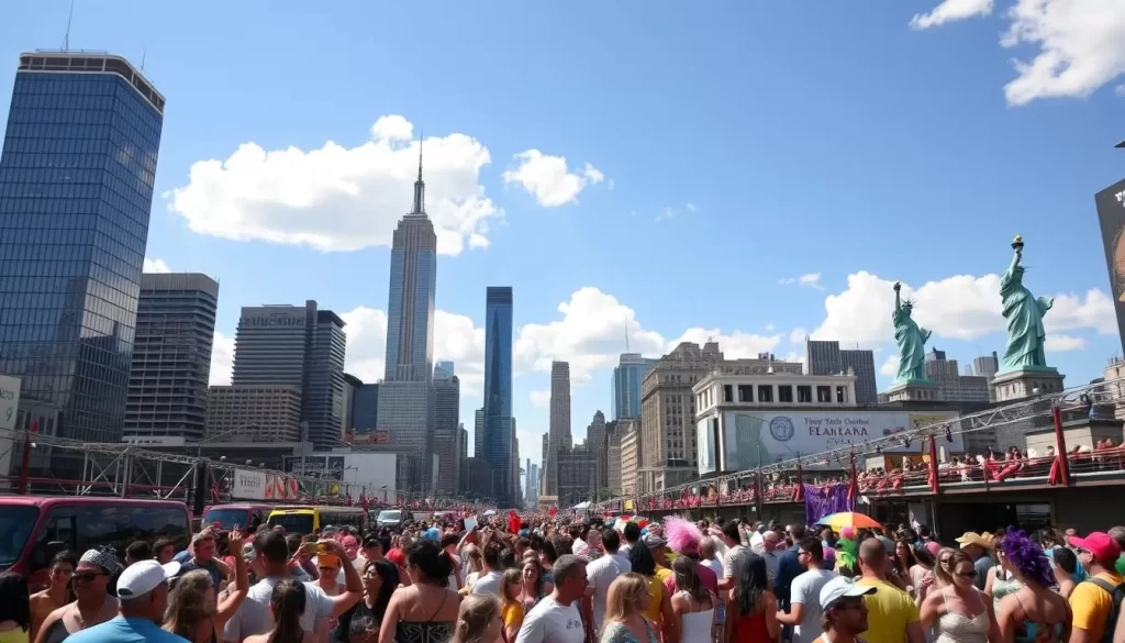 A vibrant cityscape of New York City's most lively festivals, captured on a sun-drenched summer day. In the foreground, crowds of revelers dance and celebrate, their colorful costumes and lively energy filling the streets. In the middle ground, towering skyscrapers and iconic landmarks like the Empire State Building and Statue of Liberty provide a stunning backdrop, their glass facades glistening in the warm light. The background features a clear blue sky dotted with fluffy white clouds, setting the stage for a day of joy and community. The scene exudes a sense of excitement, cultural diversity, and the vibrant spirit that makes New York City's festivals so memorable.