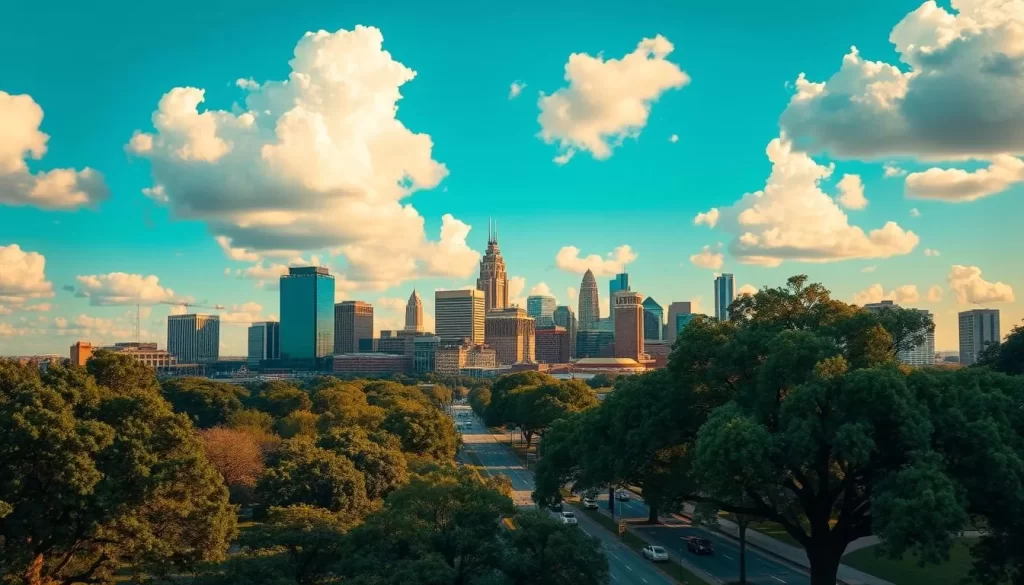 A vibrant cityscape of Oklahoma City, with the iconic skyline bathed in warm, golden sunlight. In the foreground, lush green parks and bustling streets teeming with life. Towering skyscrapers and gleaming glass facades reflect the clear, azure sky, while fluffy white clouds drift overhead. A gentle breeze rustles the leaves of towering oak trees, creating a serene and inviting atmosphere. The scene captures the dynamic energy and natural beauty that make Oklahoma City a compelling destination for weather-savvy travelers.
