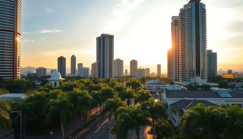 A vibrant cityscape of Petaling Jaya unfolds, bathed in warm golden sunlight. Towering skyscrapers with sleek glass facades rise majestically, their reflections dancing on the surfaces. In the foreground, bustling streets are lined with lush greenery, including flourishing palm trees that sway gently in the breeze. Charming low-rise buildings, in a mix of traditional and modern architectural styles, add character to the scene. People stroll along the sidewalks, enjoying the pleasant atmosphere. In the distance, the horizon is punctuated by rolling hills, creating a picturesque backdrop to this vibrant, thriving urban landscape.