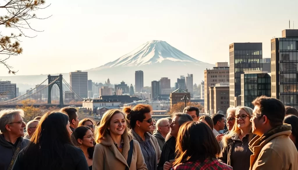 A vibrant cityscape of Portland, Oregon, showcasing the linguistic diversity of the state. In the foreground, people converse in various languages, their expressions animated and engaged. The middle ground features iconic landmarks like the Hawthorne Bridge and the city skyline, while the background is dominated by the majestic Mount Hood, its snow-capped peak casting a serene glow. The scene is bathed in warm, golden sunlight, creating a welcoming and inclusive atmosphere. The composition is balanced, with a sense of depth and movement, capturing the essence of Oregon's vibrant and multicultural spirit.