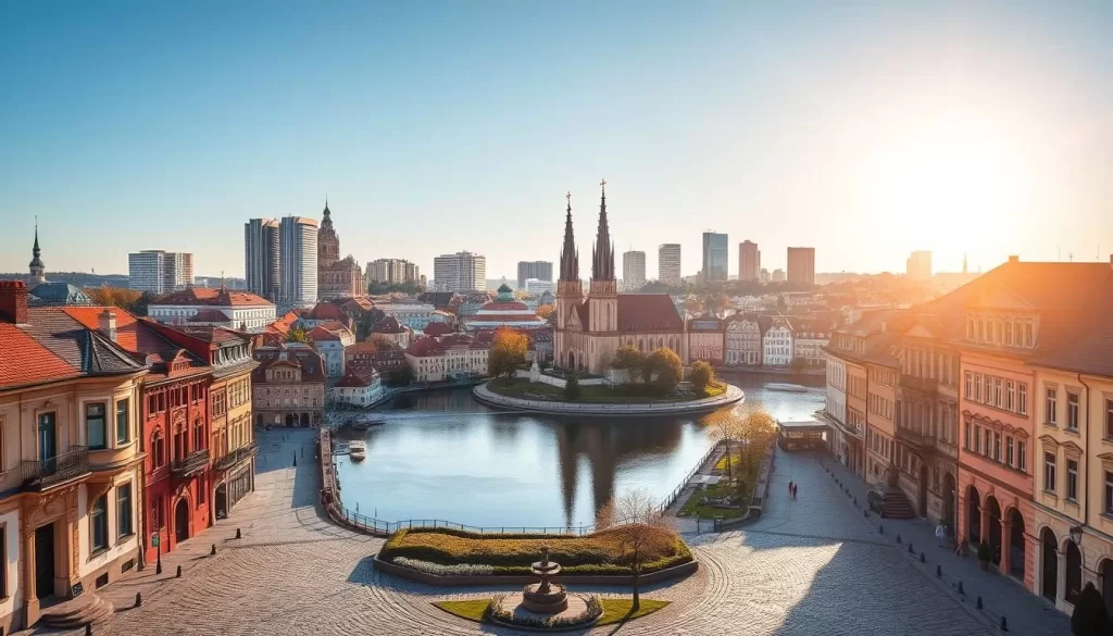 A vibrant cityscape of Poznan, Poland, showcasing the historic Old Town's stunning architecture. In the foreground, cobblestone streets are lined with charming buildings in warm, earthy tones, their elegant facades adorned with ornate details. In the middle ground, the iconic Cathedral Island and its striking spires rise majestically, reflected in the calm waters of the Warta River. In the background, modern high-rises and skyscrapers intermingle with the old, creating a harmonious blend of the past and present. Warm, golden sunlight filters through the clear sky, bathing the scene in a serene, inviting glow, capturing the alluring charm and hidden gem that is Poznan.