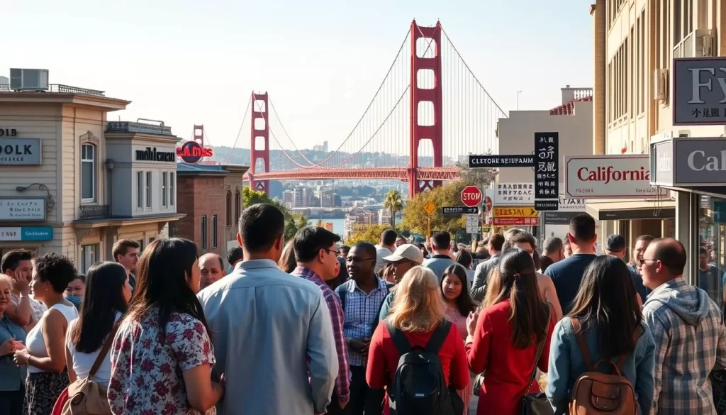 A vibrant cityscape of San Francisco, with the iconic Golden Gate Bridge in the background. In the foreground, a diverse group of people from various cultural backgrounds engaged in lively conversations, representing the multilingual tapestry of California. The scene is bathed in warm, natural sunlight, creating a welcoming and inclusive atmosphere. The middle ground features signage and storefronts in multiple languages, reflecting the linguistic diversity of the state. The overall composition emphasizes the harmony and coexistence of different languages and cultures within the urban landscape of California.
