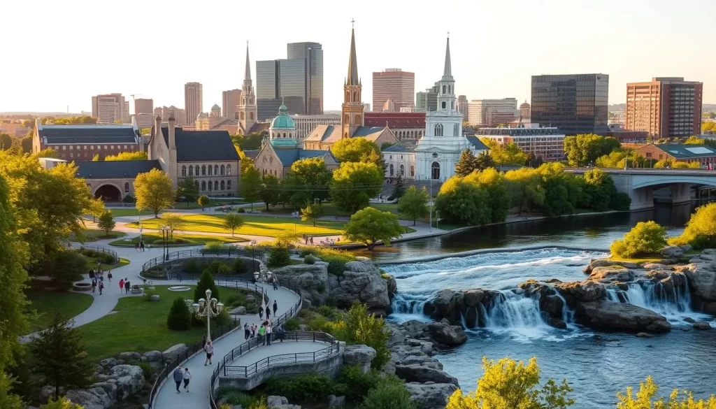 A vibrant cityscape of Sioux Falls, South Dakota, nestled along the banks of the cascading Big Sioux River. In the foreground, pedestrians stroll the serene Falls Park, surrounded by the iconic quartzite rock formations and lush green landscapes. In the middle ground, the graceful architecture of downtown Sioux Falls rises, punctuated by the towering spires of historic churches and the sleek skyline of modern office buildings. Bathed in warm, golden sunlight, the scene exudes a welcoming, small-town charm while capturing the dynamic energy of the largest city in South Dakota. Shoot this panoramic view with a wide-angle lens to showcase the picturesque blend of natural and urban elements that define Sioux Falls.