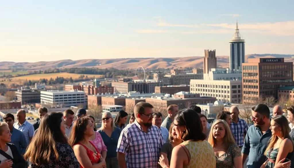 A vibrant cityscape of Sioux Falls, South Dakota, showcasing the rich linguistic diversity of the region. In the foreground, people from various cultural backgrounds converse in a kaleidoscope of languages, their gestures and facial expressions conveying the vibrancy of the multilingual community. The middle ground features a mix of modern architecture and historic buildings, reflecting the state's blend of tradition and progress. In the background, rolling hills and a clear sky set the scene, evoking a sense of openness and inclusion. Warm, diffused lighting creates a welcoming atmosphere, highlighting the harmonious coexistence of diverse linguistic and cultural elements.