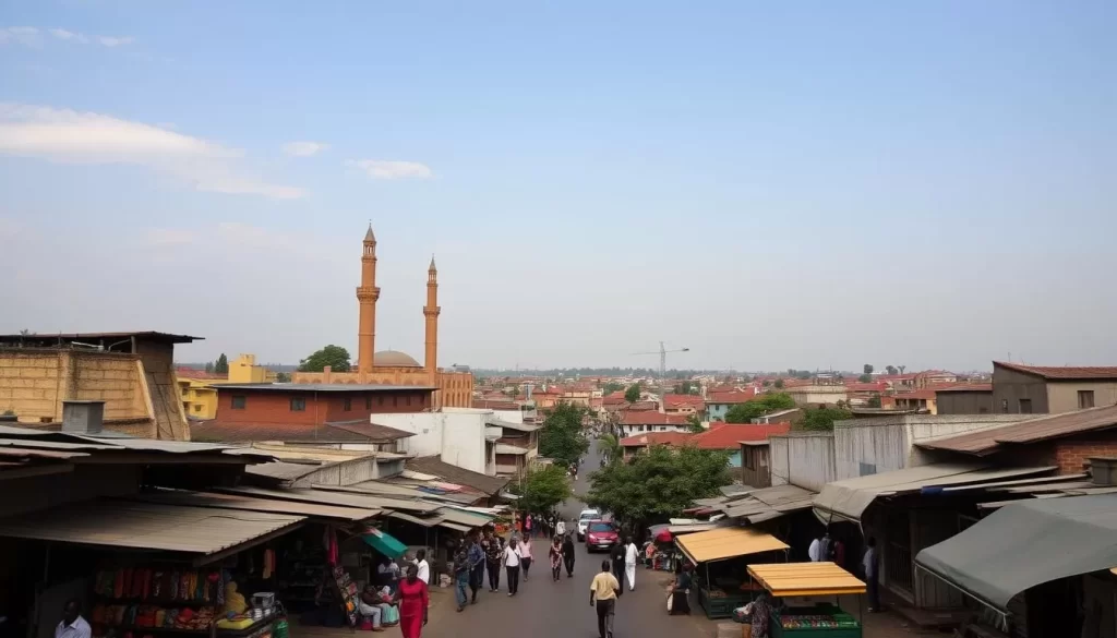 A vibrant cityscape of Sokodé, Togo's cultural heart, unfolds before the viewer. In the foreground, bustling markets and local shops line the streets, their colorful wares spilling out onto the sidewalks. In the middle ground, the towering minaret of a grand mosque stands as a testament to the city's rich Islamic heritage. Beyond, a skyline of modest yet charming buildings stretches to the horizon, bathed in the warm glow of a sun-dappled afternoon. The scene exudes a sense of lively activity and cultural vitality, inviting the viewer to immerse themselves in the vibrant tapestry of Sokodé's daily life.