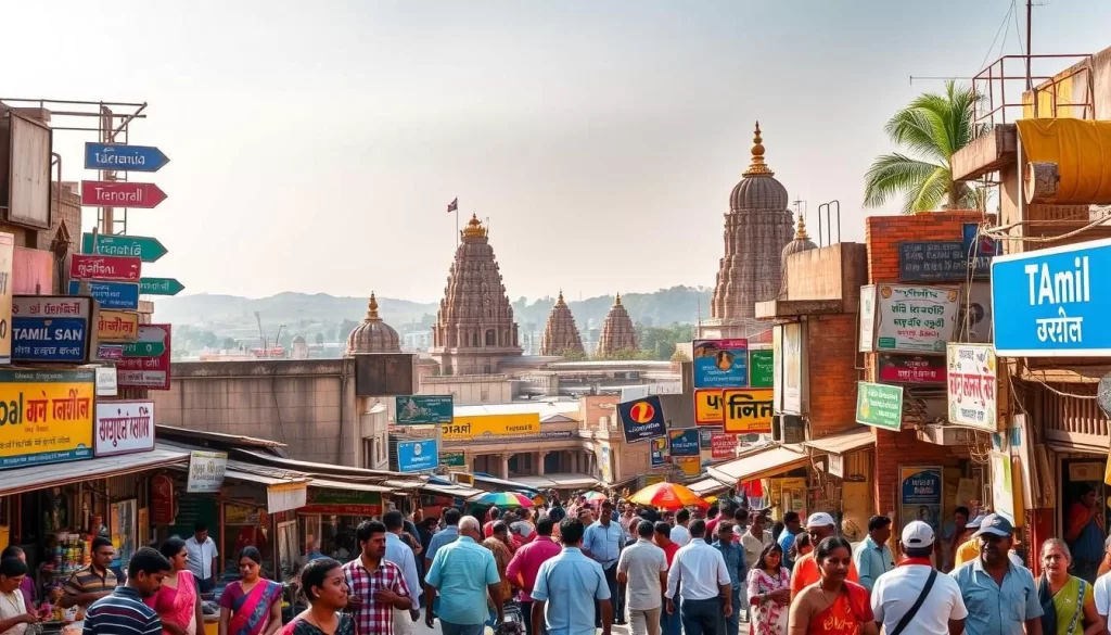 A vibrant cityscape of Tamil Nadu, India, with a stunning array of languages represented through colorful architectural elements, street signs, and citizens engaged in lively conversation. Sunlight dapples the scene, casting a warm, inviting glow. In the foreground, a bustling marketplace showcases the diversity of the region, with vendors and shoppers from various linguistic backgrounds interacting seamlessly. In the middle ground, towering temples and historical landmarks stand as testaments to the rich cultural heritage. The background features a hazy skyline, hinting at the expansive nature of this multilingual state. The overall atmosphere is one of harmony, vibrancy, and the celebration of Tamil Nadu's linguistic tapestry.