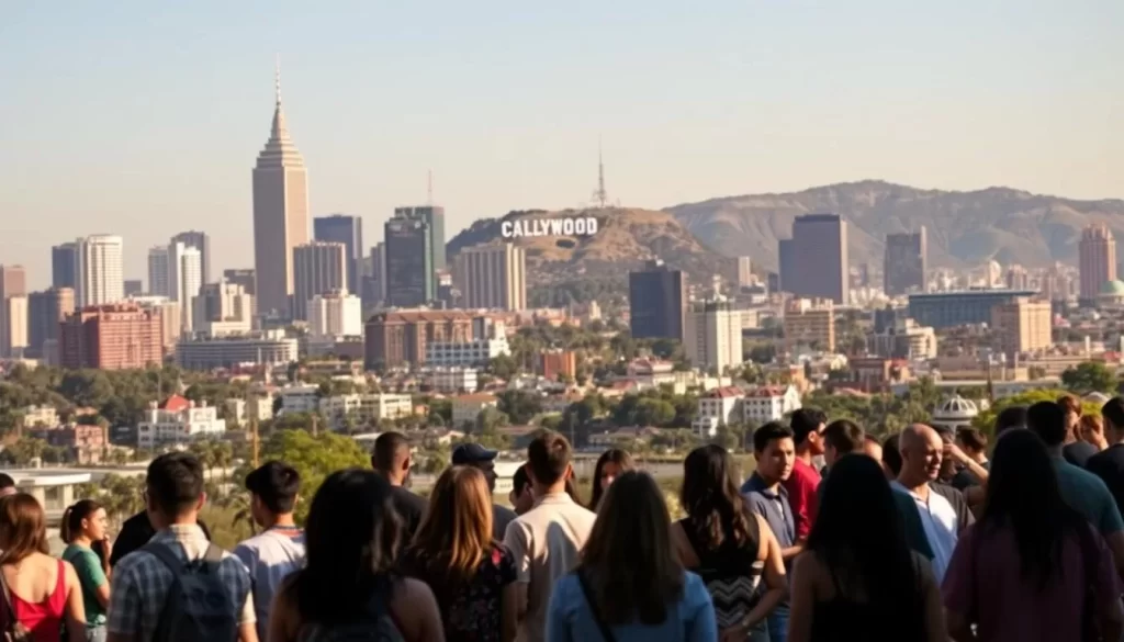 A vibrant cityscape of downtown Los Angeles, with towering skyscrapers and the iconic Hollywood sign in the distance. In the foreground, a diverse group of people engaged in lively conversations, representing the multicultural nature of California's population. The scene is bathed in warm, golden light, capturing the sunny and welcoming atmosphere of the state. The image should convey the idea that Spanish is the most widely spoken non-English language in California, with the people interacting in a way that suggests the language's prevalence and integration into the fabric of the community.