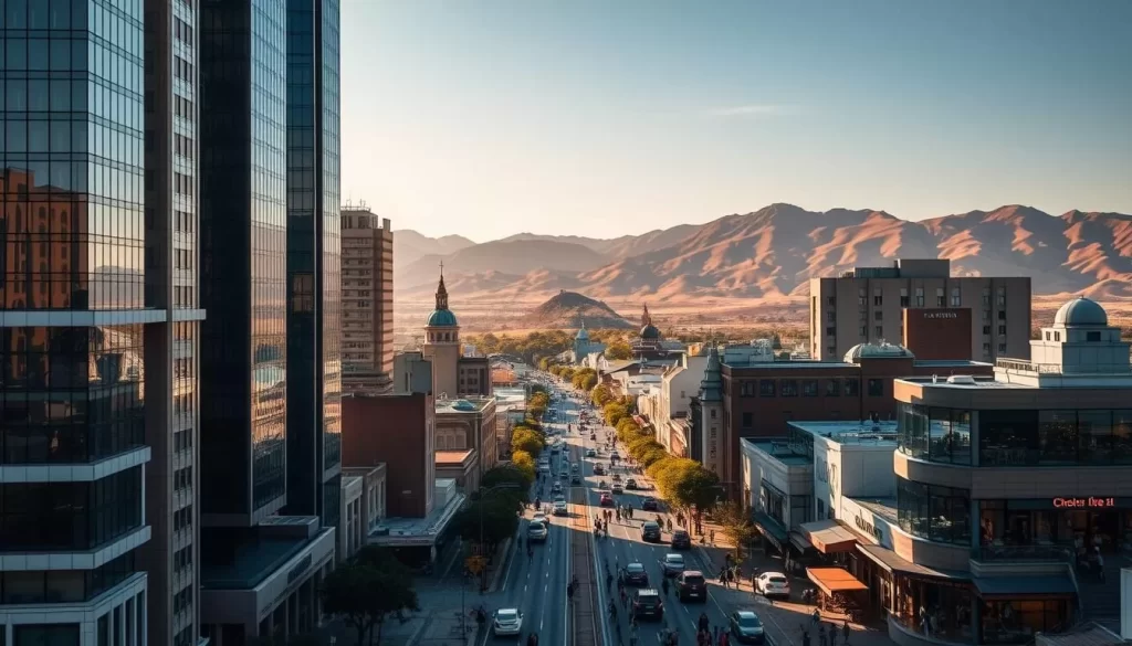 A vibrant cityscape set against the backdrop of the Northern Cape's rugged, semi-arid terrain. Towering skyscrapers and modern high-rises dominate the foreground, their sleek glass facades glimmering in the warm afternoon sunlight. In the middle ground, bustling streets teem with locals and tourists alike, navigating between chic boutiques, lively cafes, and cultural landmarks. In the distance, the majestic Karoo hills roll across the horizon, casting long shadows over the urban landscape. The scene conveys a harmonious blend of urban dynamism and the region's natural splendor, inviting the viewer to explore the vibrant heart of the Northern Cape.
