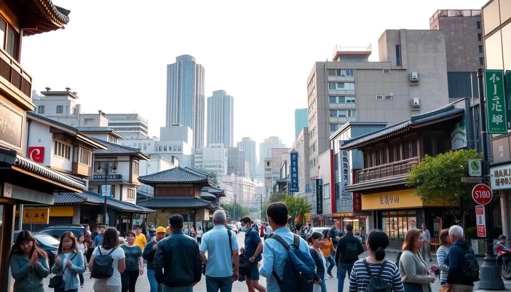 A vibrant cityscape showcasing the diverse linguistic tapestry of South Jeolla Province, South Korea. In the foreground, a bustling street corner with pedestrians engaged in animated conversations, their gestures and expressions reflecting the rich cultural exchange. In the middle ground, a mix of traditional hanok architecture and modern high-rises, each representing the region's unique blend of heritage and progress. The background features a clear sky with soft, diffused lighting, casting a warm, inviting glow over the scene. The overall atmosphere conveys a sense of community, where different dialects and languages coexist harmoniously, reflecting the official and widely spoken languages of this dynamic province.