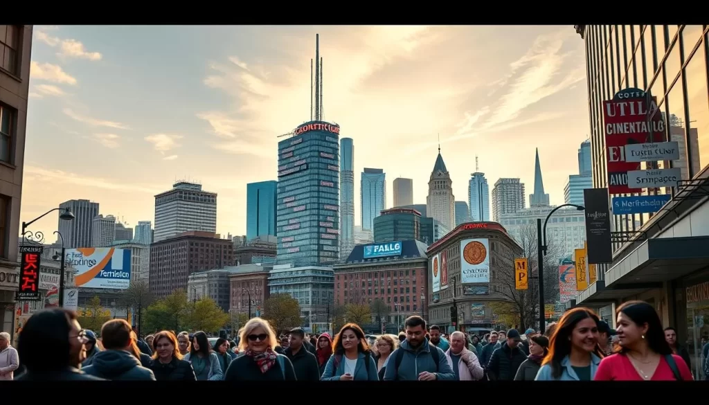 A vibrant cityscape showcasing the diversity of languages spoken in Connecticut. In the foreground, a bustling street with pedestrians of various ethnicities, each engaged in animated conversations. In the middle ground, a towering office building with signage in multiple scripts, reflecting the multilingual nature of the state's businesses. The background features a picturesque skyline, bathed in warm, golden sunlight, conveying a sense of prosperity and inclusion. The overall scene captures the essence of Connecticut's linguistic tapestry, where English harmonizes with a symphony of other tongues.