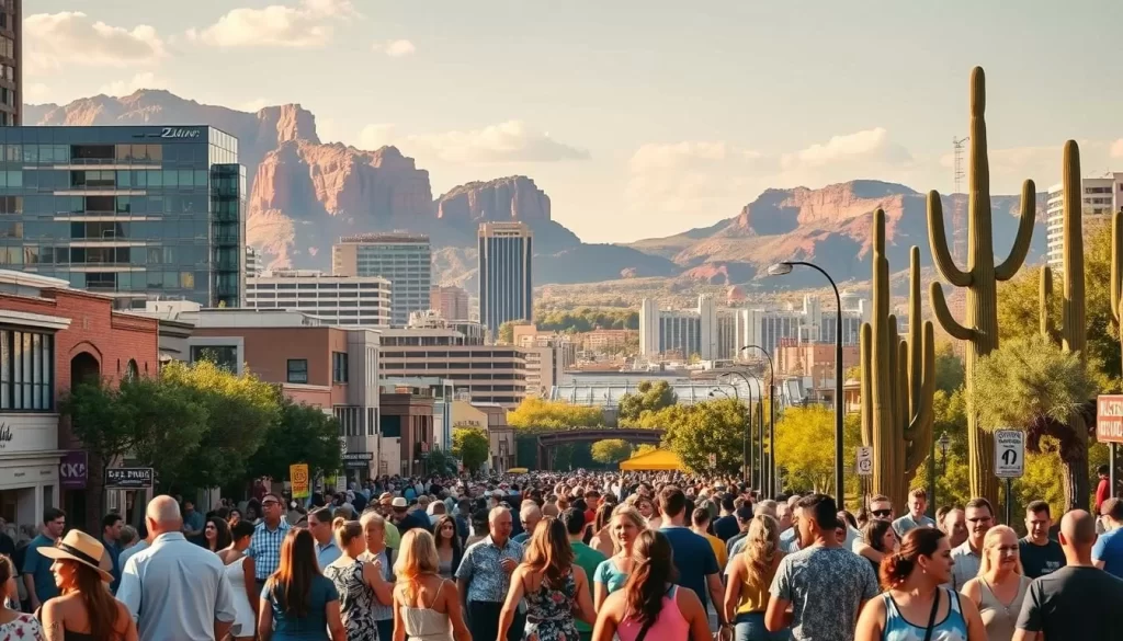 A vibrant cityscape showcasing the linguistic diversity of Arizona, USA. In the foreground, a bustling street scene with people conversing in various languages, their gestures and expressions reflecting the rich cultural exchange. In the middle ground, towering buildings with a mix of architectural styles, representing the state's multicultural heritage. The background features iconic landmarks, such as the red rocks of Sedona and the majestic Saguaro cacti, all bathed in warm, golden sunlight. The overall atmosphere conveys a sense of harmony and connectivity, where different languages and traditions coexist and thrive in the "Linguistic Landscape of Arizona."